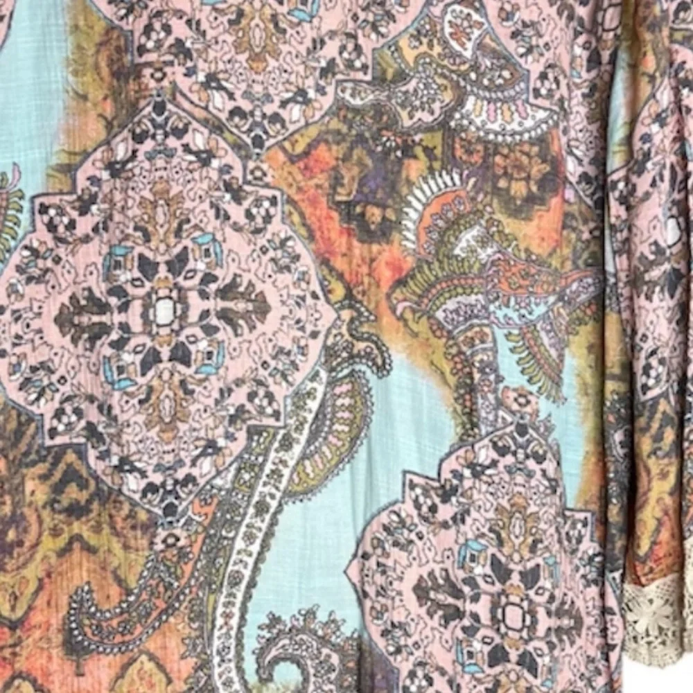 Spense Women’s Paisley Multicolor Boho Lace Trimmed Sleeves Accents Kimono SZ XL - Picture 7 of 11